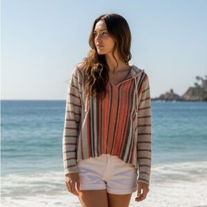 Vintage Roxy Y2K Hooded Knit in Coral, Gray & Cream Stripes Size Large